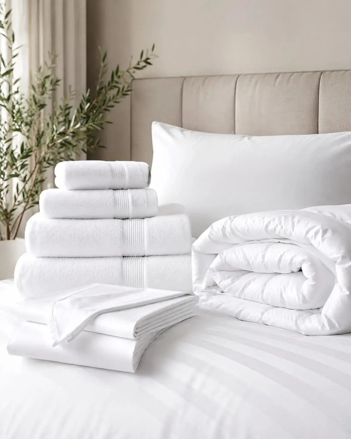 Linge de lit et serviettes blanches soigneusement pliés sur un lit